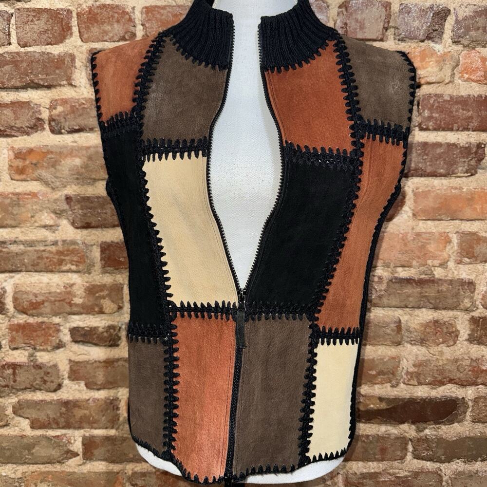 Vintage Artisan Leather Suede Patchwork Vest Boho 90s Zip Designer Studio M - Picture 2 of 9